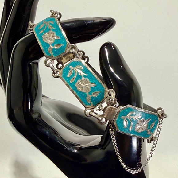 Vintage Jewelry - Vintage Mexico 925 Silver and Turquoise Floral Bracelet